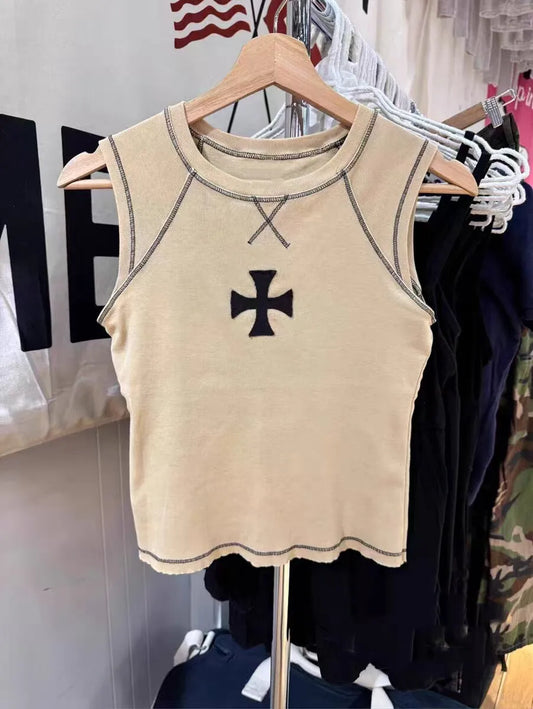 Cross Khaki Tank Tops Women Summer Casual Streetwear O-neck Slim Sleeveless Camisole American Vintage Chic Vests Y2K