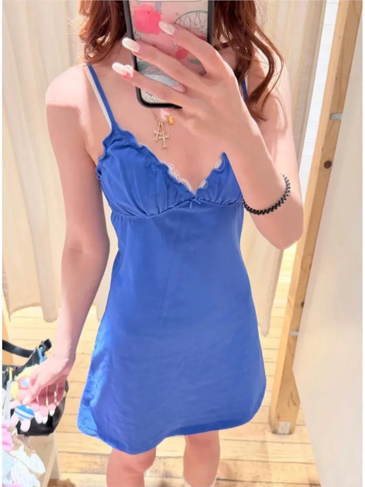 Electric Blue Ruffle Dress Women Summer Casual Slim V-neck Cotton Dresses Sweet Preppy Style Sleeveless Vestidos Y2K