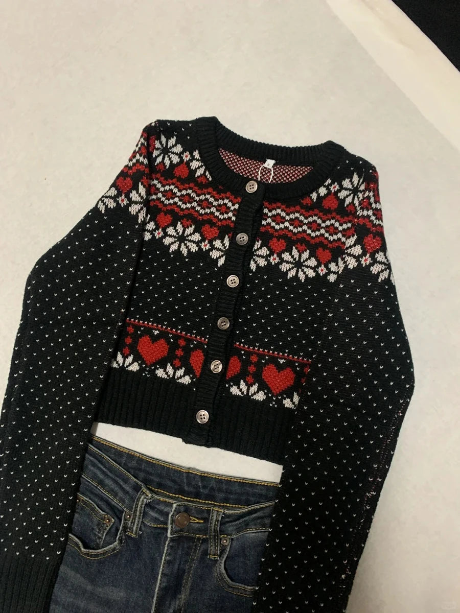 Vintage Fair Isle Jacquard Knitted Cardigan Women Autumn Buttons Long Sleeve Cropped Jumper Coat Sweet Basic Slim Sweaters Tops
