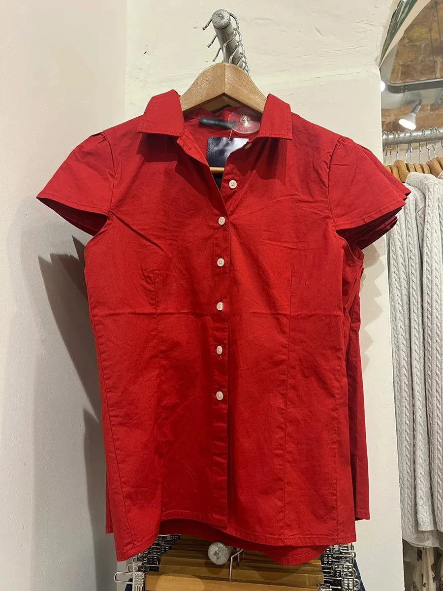 Retro Red Buttons Blouse Women Summer New Streetwear Lapel Short Sleeve Tees Sweet Vintage Cute Preppy Style T-shirts Y2K Tops