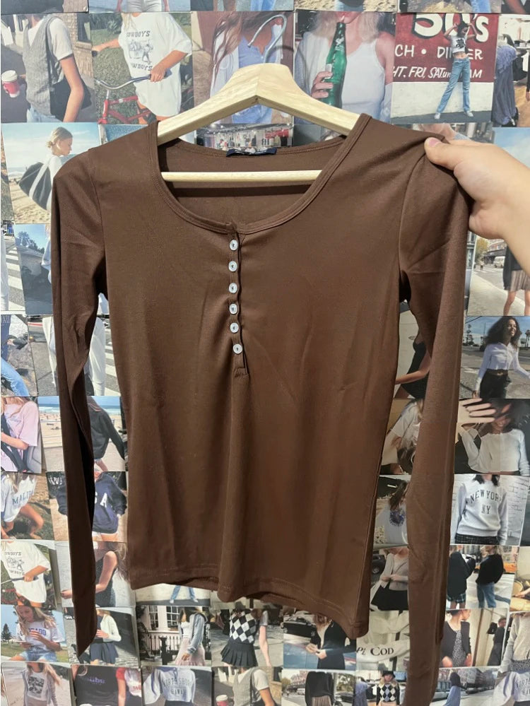 Burgundy Six Buttons T-shirt Woman Autumn Casual O-neck Cotton Slim Long Sleeve Tshirt Streetwear Vintage Simple Basic Tee Tops