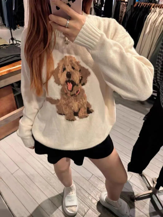 Cute Dog Graphic Knitted Sweater Women Autumn O-Neck White Long Sleeve Pullover Tops Female Preppy Style Loose Casual Jumper New