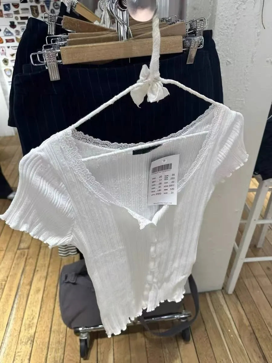 Basic White Lace Trim Buttons T-shirts Women New Spring Casual Slim O-neck Short Sleeve Tees Sweet Cute Vintage T Shirt Y2K Tops