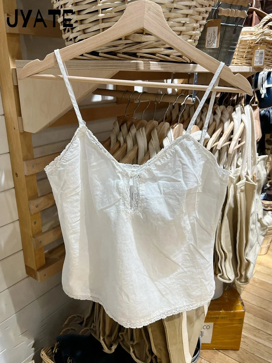 White Lace Trim V-neck Tank Tops Women Summer New Casual Button Simple Basic Sleeveless Crop Top Sweet Cute Vintage Camisole Y2K