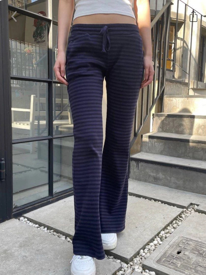 Vintage Buttons 2 Piece Sets Women Navy Striped Cotton Long Sleeve Tee Straight Trousers Home Sweet T-shirt Pant Pajama Set Y2K