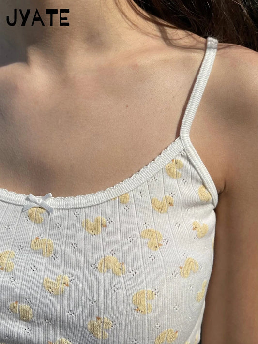 Cute Little Duck Bow Tank Tops Women Summer New Cotton Soft Chic Slim Eyelet Sleeveless Vests Sweet Casual Vintage Camisole Y2K