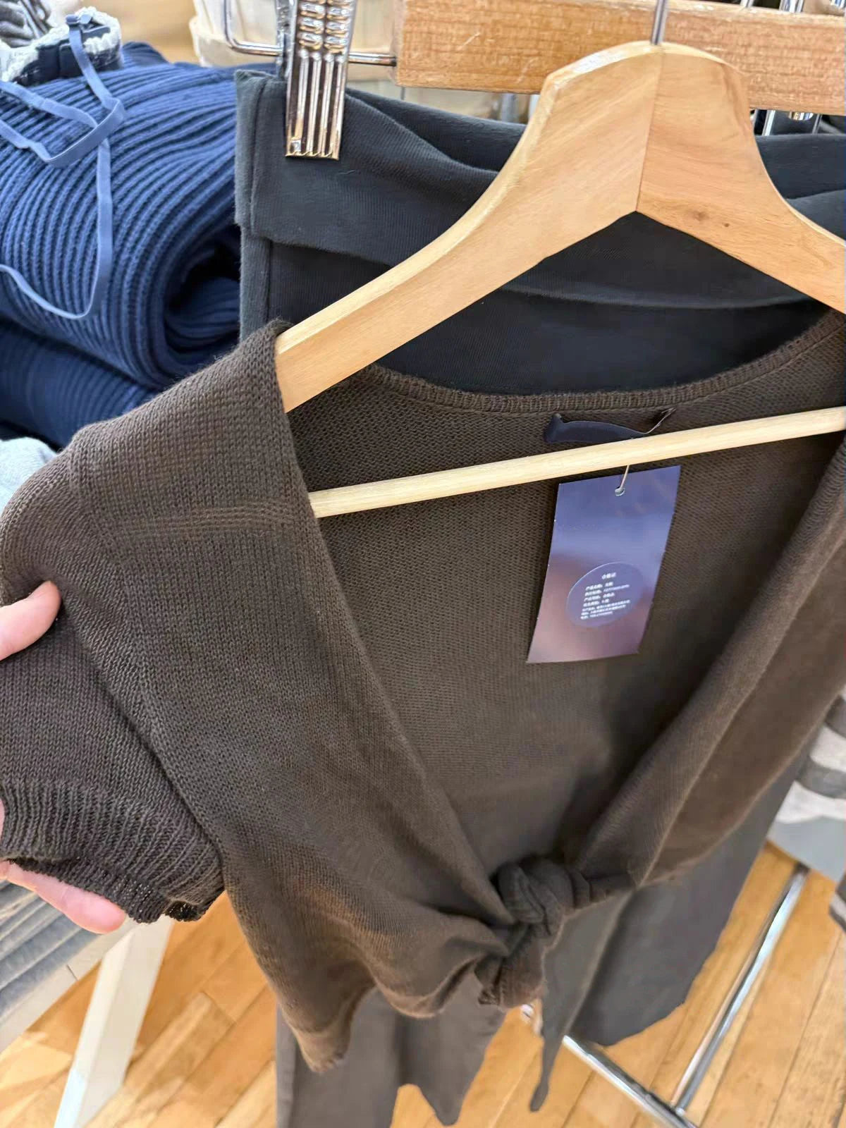 Wrap Knitwear Woman Cotton Lace-up Cropped Smock Brown Casual Simple Solid Sweet Short Sleeve Cardigan Sweet All-match Crop Tops