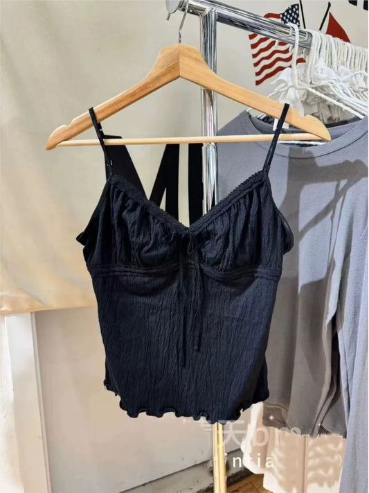 Black Folds V-neck Tank Tops Women Summer New Harajuku Sexy Casual Slim Lace-up Sleeveless Vests Sweet Preppy Style Camis Y2K