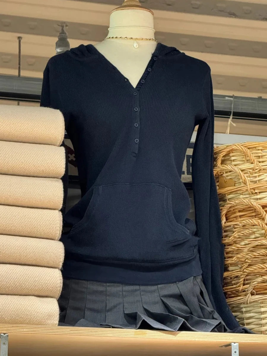 Gray Striped Waffle Hooded T-shirt Women Five Button CottonSlim Long Sleeve Tee Shirt Casual Preppy Style Vintage Tshirt Y2k