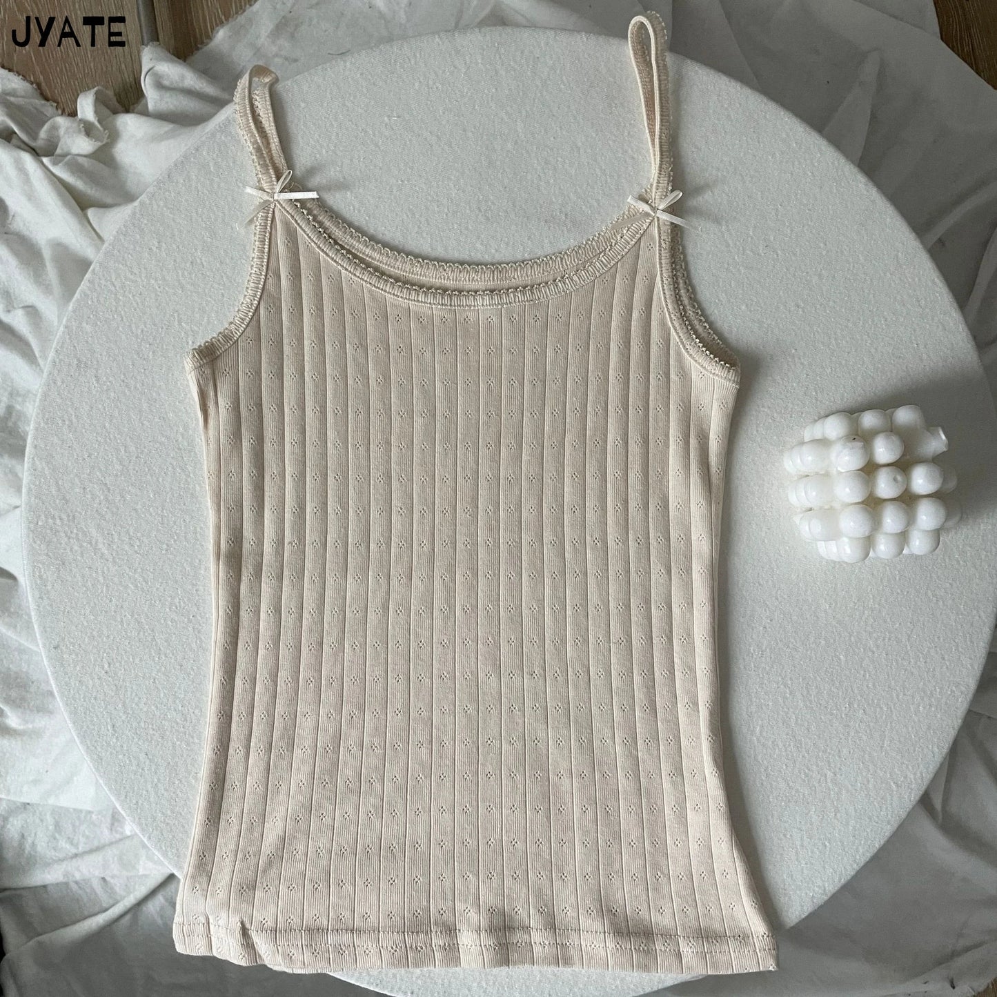 Sweet Lace Trim Eyelet Bow Tank Tops Women Cotton Soft Casual Solid Slim Basic Sleeveless Vests Cute Preppy Style Camisole Y2K