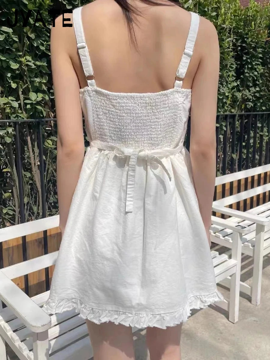 Sweet White Folds Texture Camisole Dress Women Cotton High Quality A-line Vestidos Summer Vintage Chic Slim Y2K Mini Dresses New