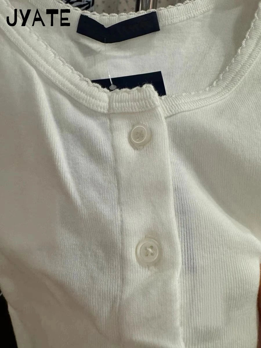 White Lace Trim Slim Crop Top Women Summer Casual Single Breasted U Collar Cotton Cropped Vest Simple Basic Chic Tank Tops Y2K