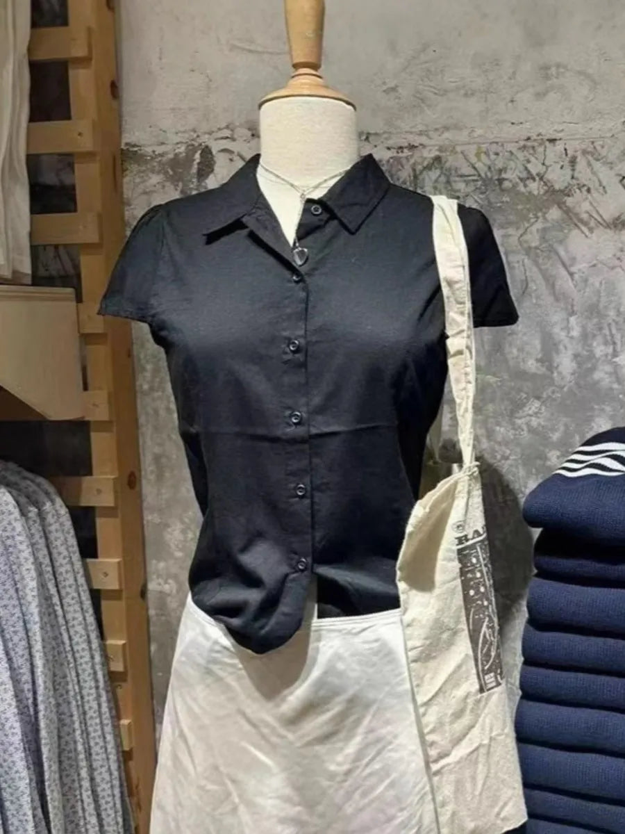 Red Plaid Button Blouse Women Casual Streetwear Cotton Lapel Short Sleeve Tees Vintage Preppy Style Sweet T-shirts Y2K Tops