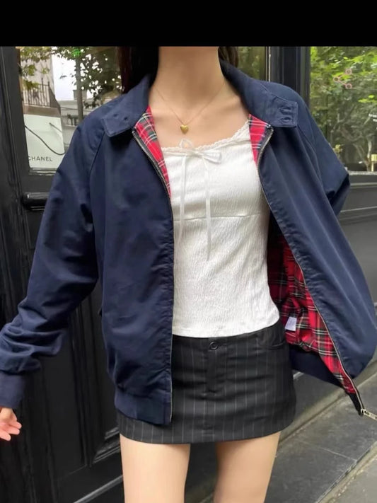 Harajuku Internal Red Plaid Zipper Flight Jacket Women Autumn Cotton Thick Stand Collar Loose Jackets Chic Vintage Y2K Coat Tops