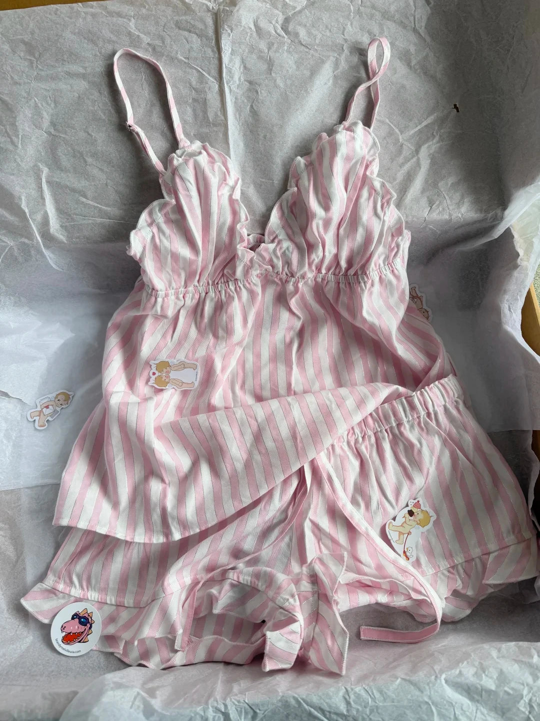 Pink Striped Silver Line Blouse Sets Women Lace Trim Casual Camisole+Drawstring Short Pants Sweet Cute Home Outfits Collection