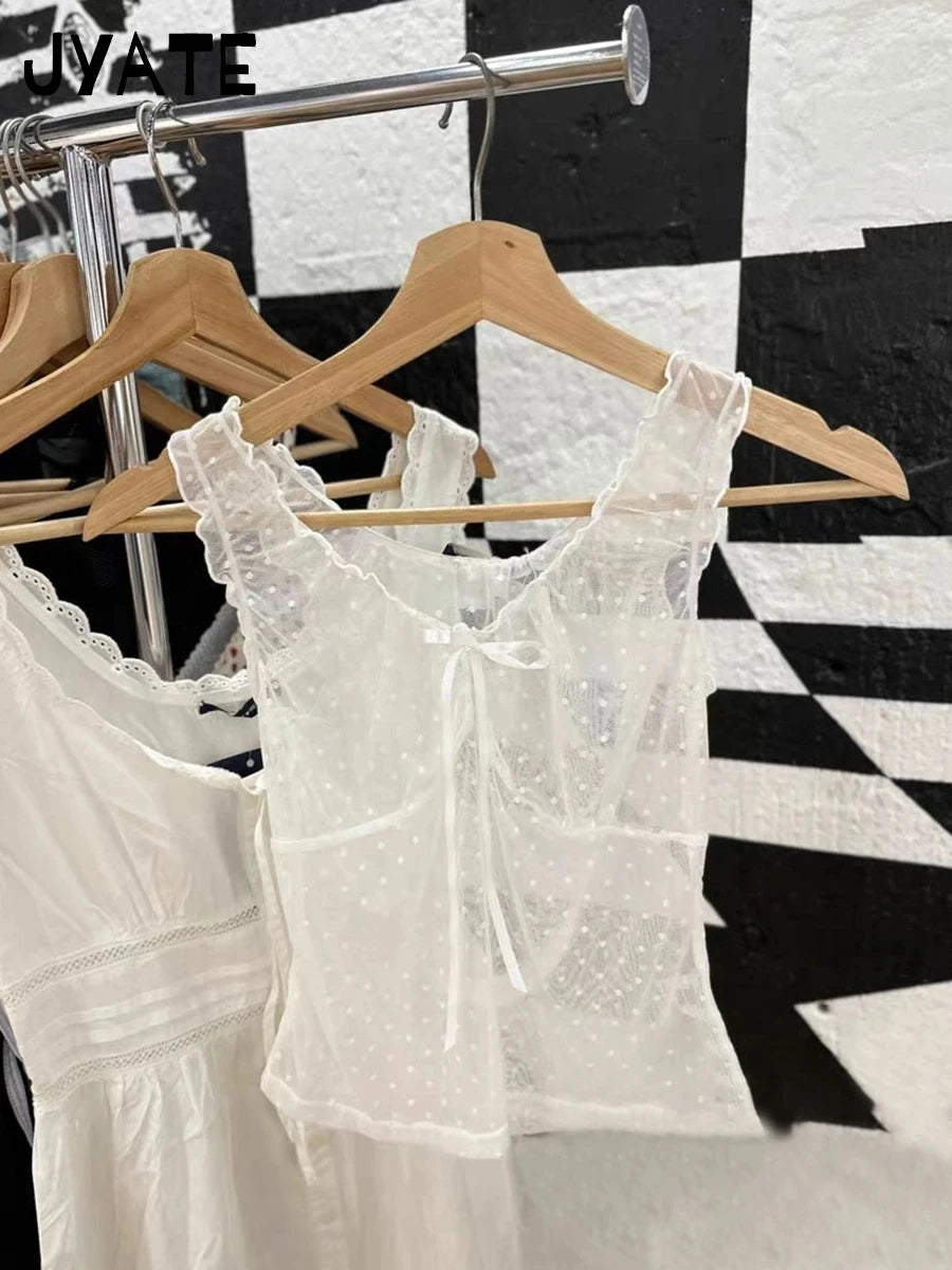 Sexy Lace See Through Bow V-neck Tank Tops Women Summer New Slim Casual Streetwear Black Crop Top Harajuku Chic Y2K Vest Clothes