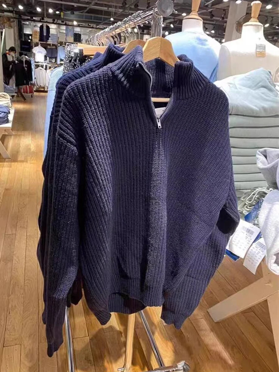 Vintage Zipper Mock Neck Oversized Sweater Women Autumn Loose Long Sleeve Jumper Fashion Sweet Preppy Style Pullover Tops Y2K