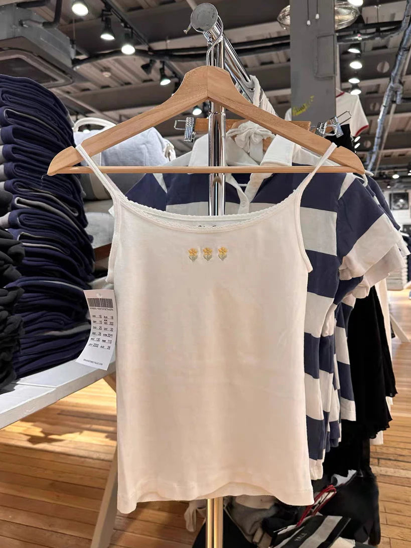 Three Floral Embroidery Slim Tank Top Women Preppy Style Lace Trim Cotton Camisole Female Vintage Sweet Cute Crop Top Y2K Vests