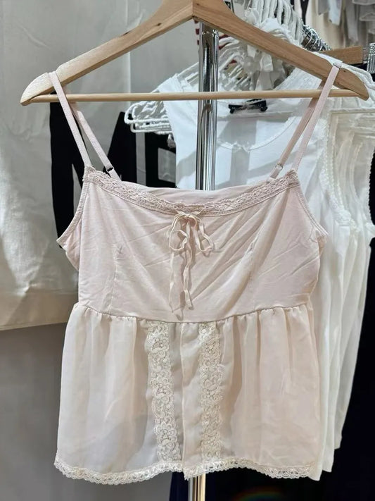 Pink Square Neck Halter Strap Camisole Women Summer Cotton Lace Trim See-through Sleeveless Vests Sweet Vintage Chic Tank Tops
