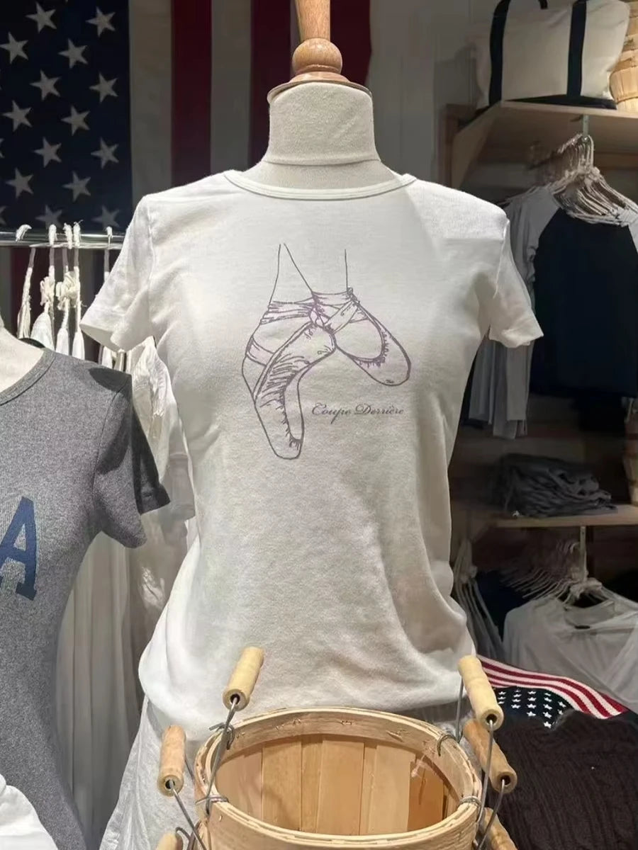 Ballet Shoes Print Slim T-shirt Woman Spring Chic Round Neck Short Sleeve Tee Shirt Sweet Cute Preppy Style Cotton Tshirts Y2k