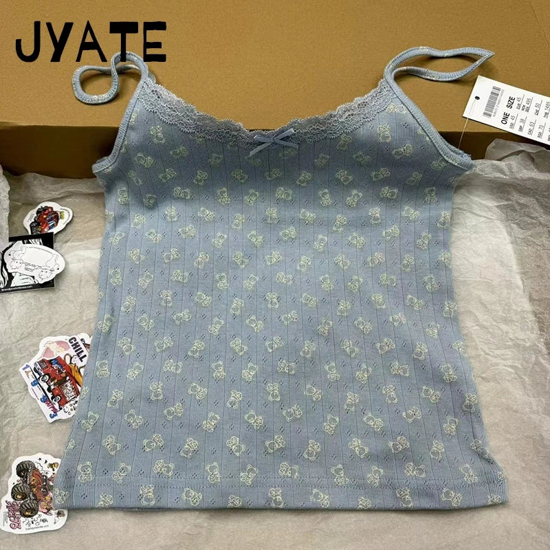 Cute Little Duck Bow Tank Tops Women Summer New Cotton Soft Chic Slim Eyelet Sleeveless Vests Sweet Casual Vintage Camisole Y2K