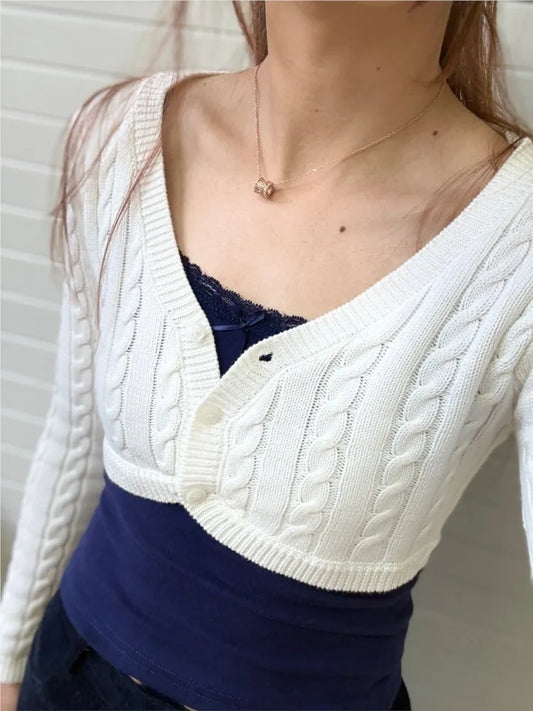 White Cable Knit Cropped Cardigan Women Sexy Chic V-neck Slim Long Sleeve Sweaters Vintage Preppy Style Knitwear Y2K