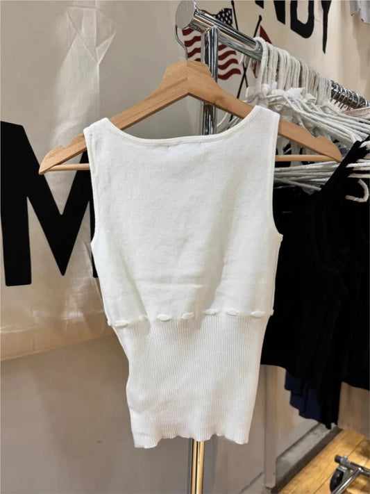 White Drawstring Knitted Tank Tops Women New Simple Slim Cotton Buttons High Waist O-neck Camisole Sweet Cute Preppy Style Vests