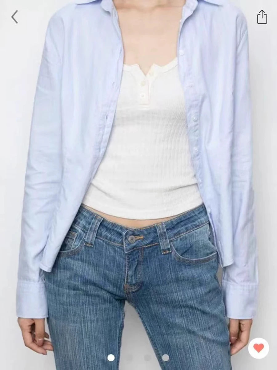 Sweet Solid Buttons Slim Blouse T-shirts Women Casual Turn down Collar Long Sleeve Tee Girls Cute Preppy Style Y2K Crop Tops New
