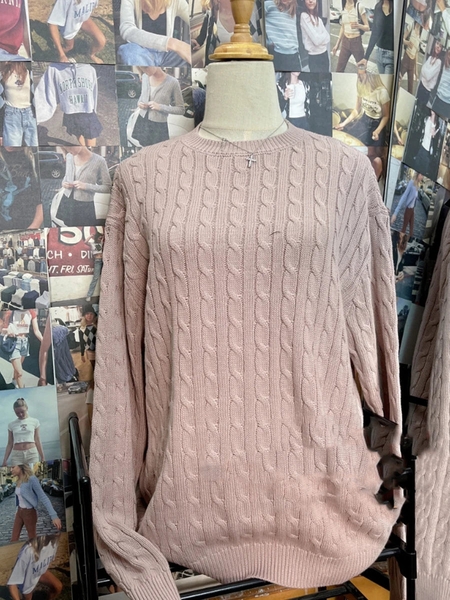 Twist Knit Loose Sweaters Autumn Cotton Warm O-neck Casual Preppy Style Pullover Tops Sweet Vintage Streetwear Chic Jumper Y2K