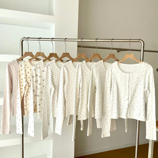 Floral Print Long Sleeve Cardigan Tees Women Casual Simple Basic Cotton Eyelet Slim Button T-shirts Vintage Sweet Chic Tshirts