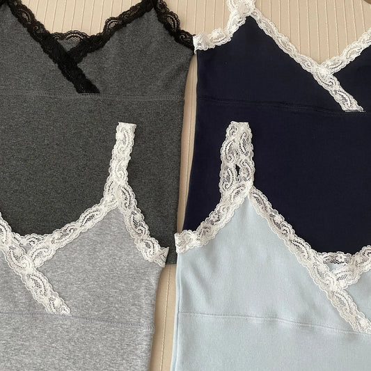 Lace Trim V-neck Sleeveless Vests Women Summer New Sexy Solid Cotton All-match Slim Tank Tops Cute Preppy Style Sweet Camis Y2K