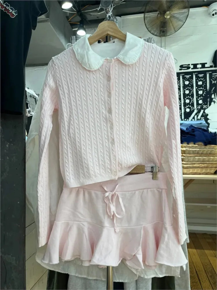 Sweet Pink Lace-up Ballet Skirt Woman Spring Casual Elastic Waist Cotton Sports Skirts Cute All-match A-line Short Faldas New