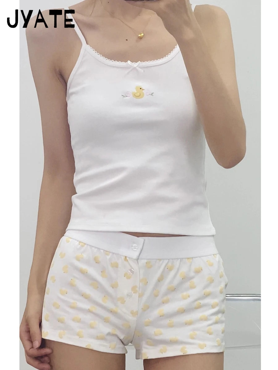 Little Deer Vest Shorts 2 Pieces Set Women Lace Trim Bow Slim Tank Top+Buttons Patchwork Straight Short Pant Sweet Suit Sets Y2K