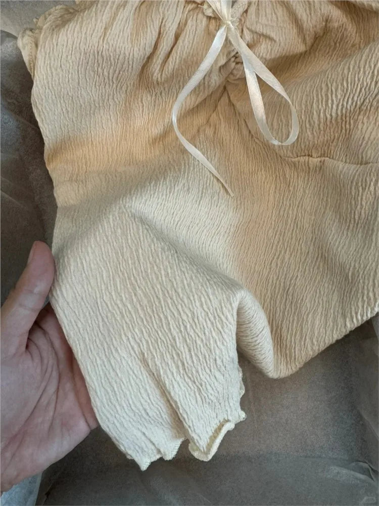 Beige Bow Folds Slim Tank Tops Women Summer New Preppy Style Ruffles V-neck Cotton Sleeveless Vests Cute Chic Sweet Camisole Y2K
