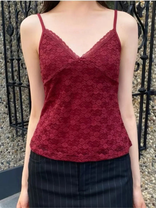 Claret Lace Bow V-Neck Tank Top Summer Sleeveless Thin Slim Sleeveless Vest Women Sweet Vintage Streetwear Sexy Crop Tops Y2k