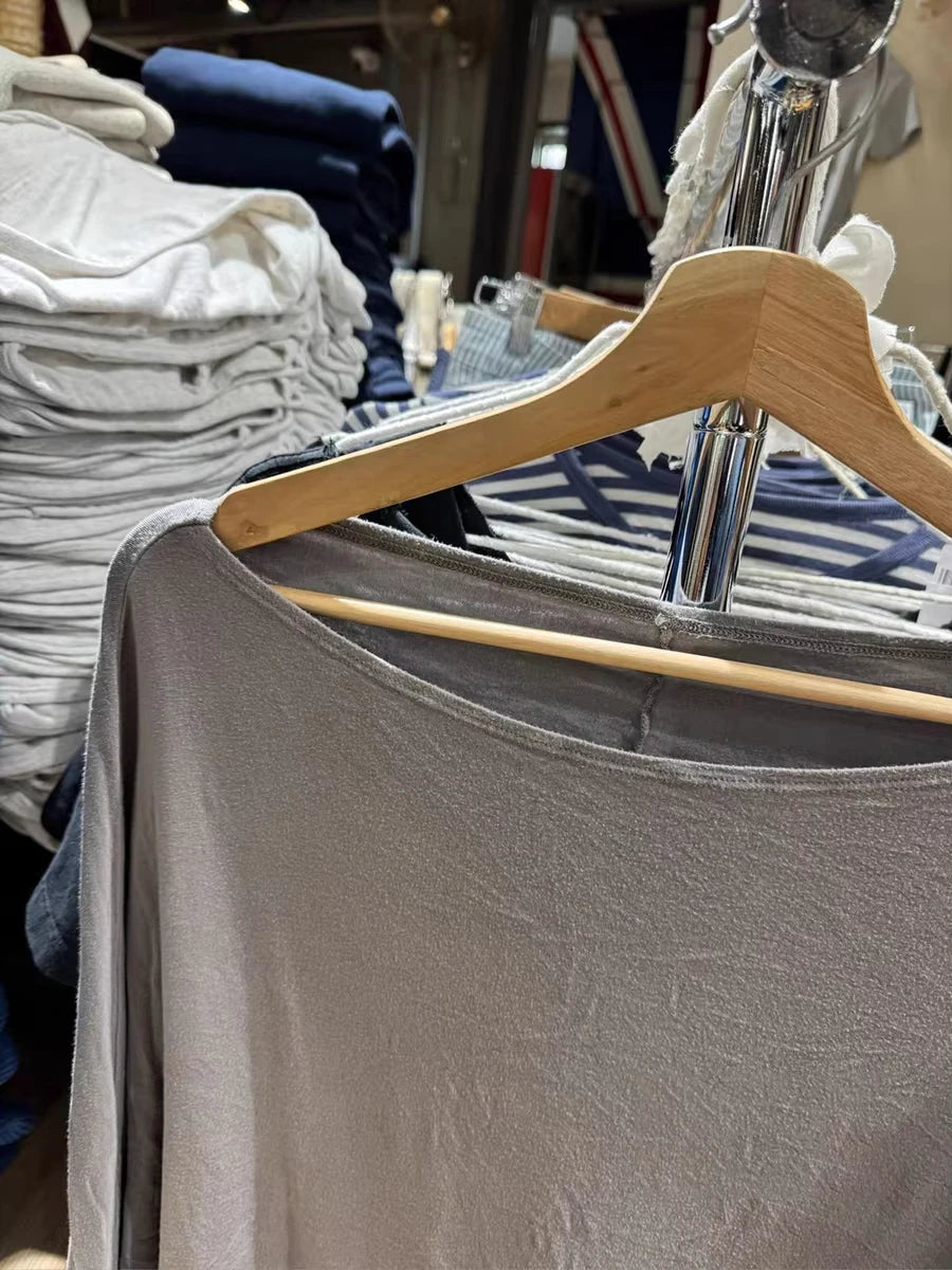 Navy Long Batwing Sleeve T-shirts Woman Sweet Slash Neck Cotton Tee Shirts Female Casual Simple All-match Tshirts Y2k Tops