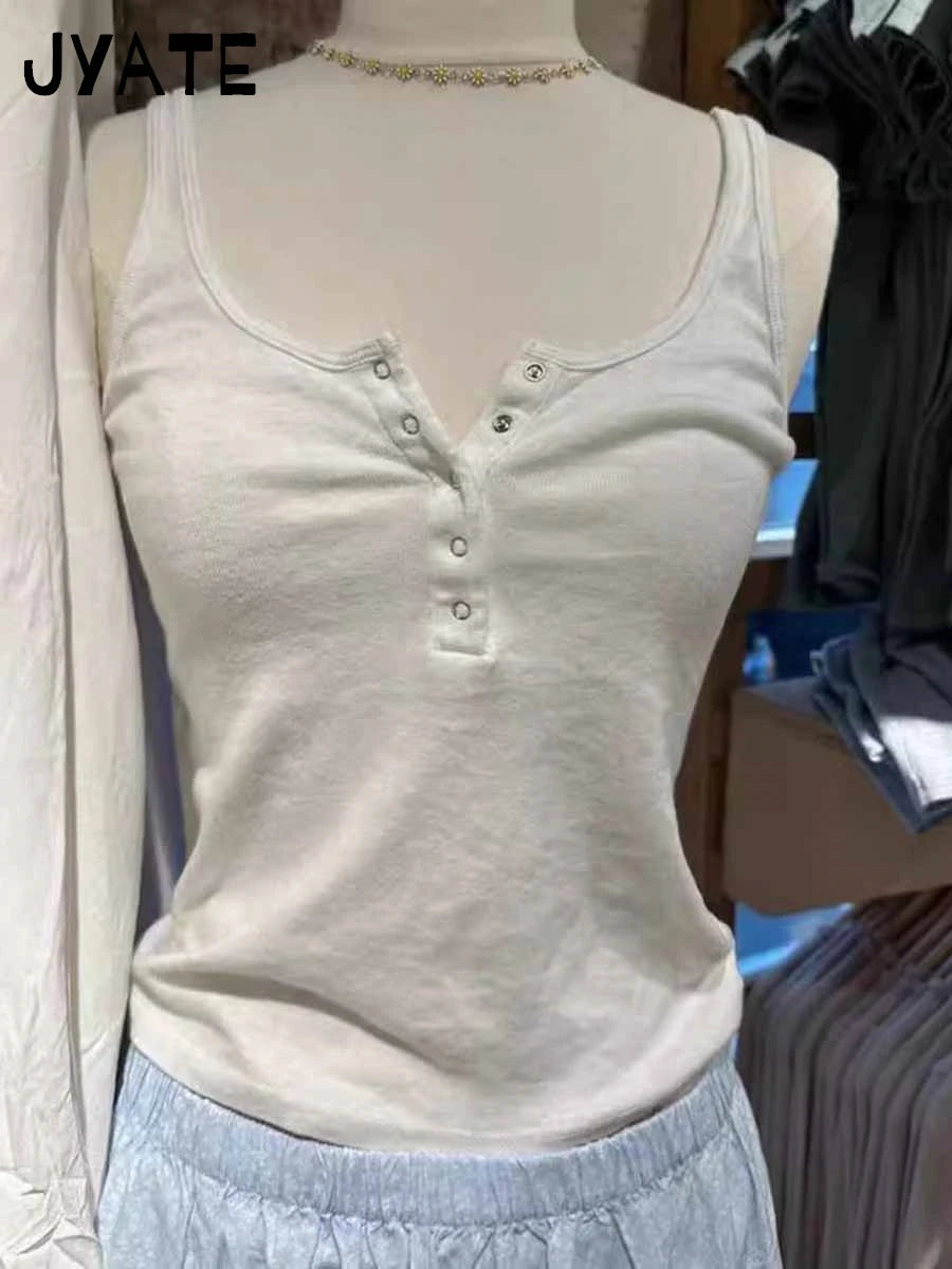 Simple Basic Gray Five Buttons Tank Tops Women Summer New Slim Casual Cotton Crew Neck Vests Retro Harajuku Chic Y2K Camisole