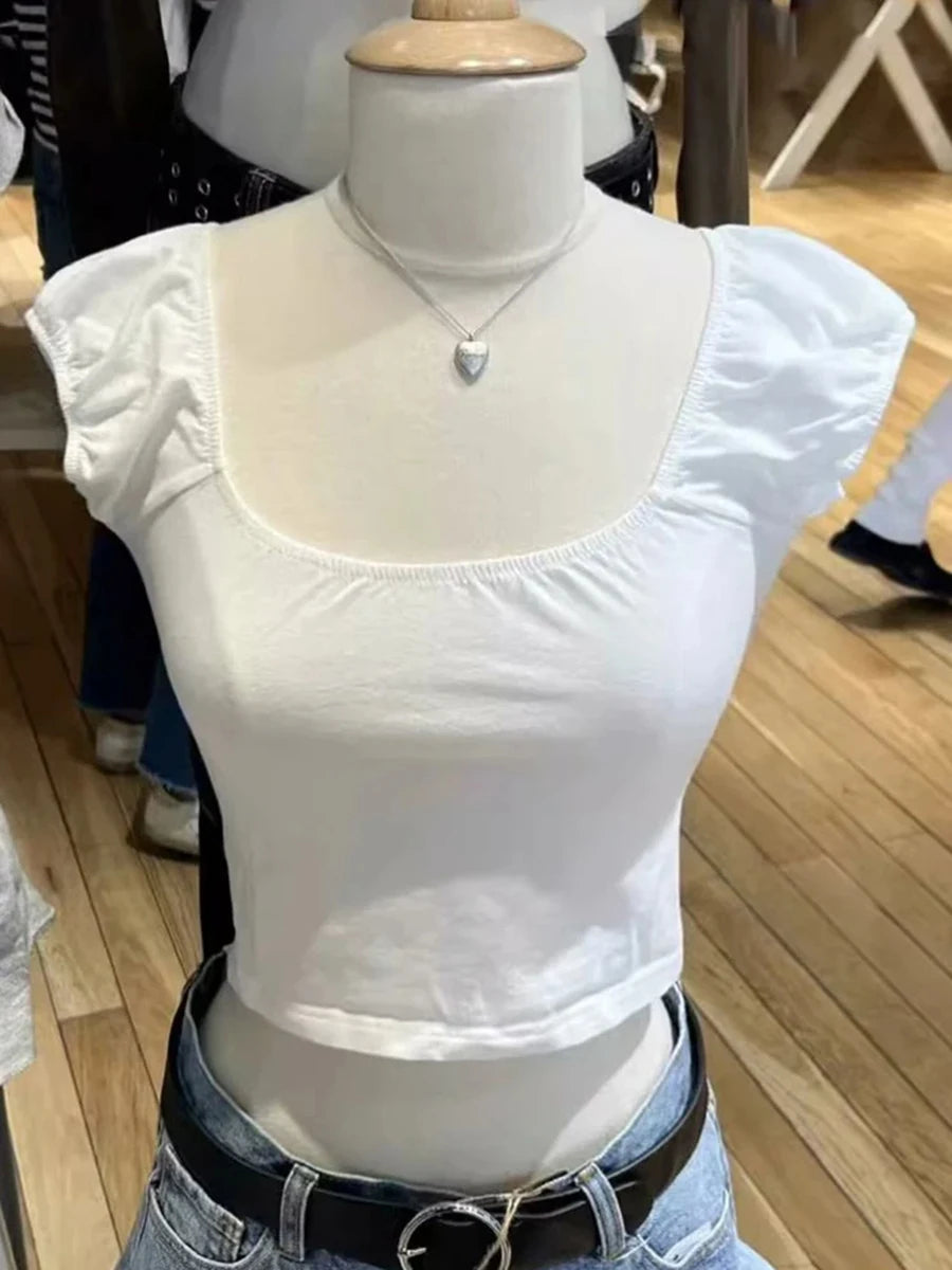 Mint Green Folds Slim T-shirts Women Summer Vintage Square Collar Cotton Puff Sleeve Tees Female Aesthetic Sweet Cute Y2K Tops