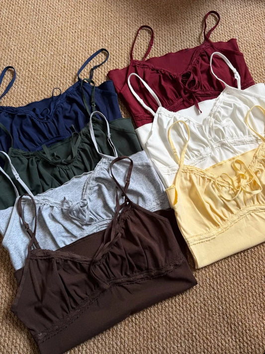 Solid Lace-up V-neck Tank Tops Women Summer Casual Lace Trim Cotton Slim Sleeveless Vests Cute Sweet Preppy Style Camisole Y2K