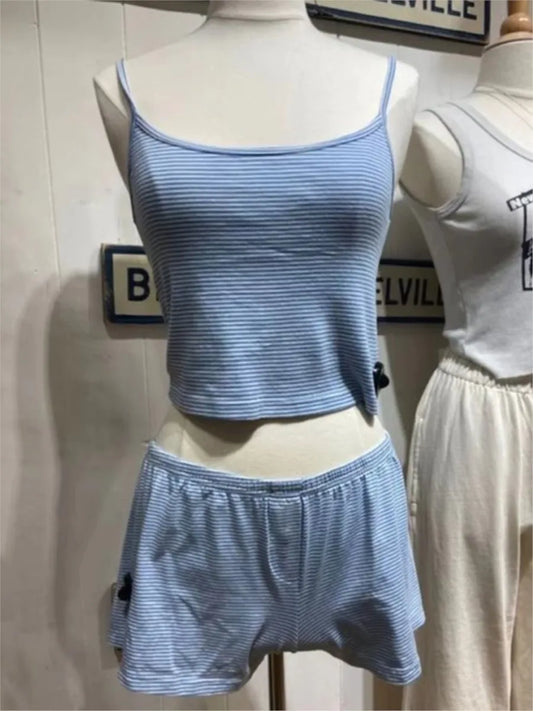 Striped Blue Home 2 Piece Sets Women Cotton Sleeveless Crop Top+Elastic Waist Straight Short Pant Vintage Tank Shorts Pajama Set