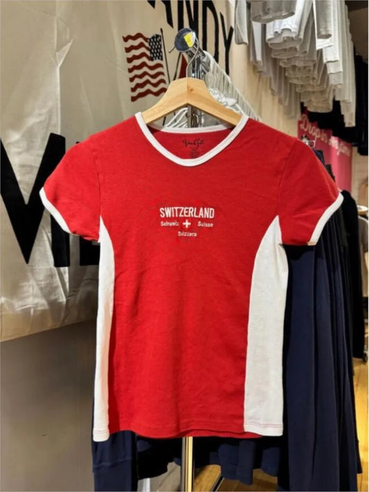 Red Patchwork White T-shirts Women Summer New Cotton Letter Embroidery Short Sleeve Tees Vintage Sports Preppy Style Top Tshirt