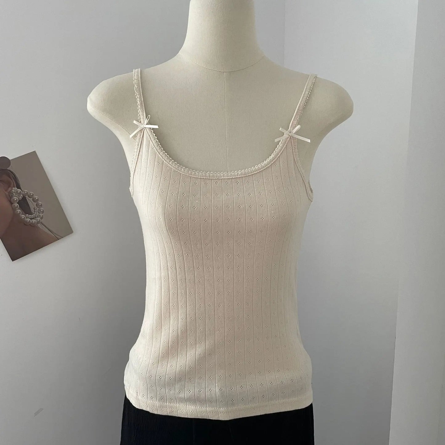 Lace Trim Eyelet Bow Tank Tops Women Cotton Soft Casual Solid Slim Basic Sleeveless Vests Sweet Cute Preppy Style Camisole