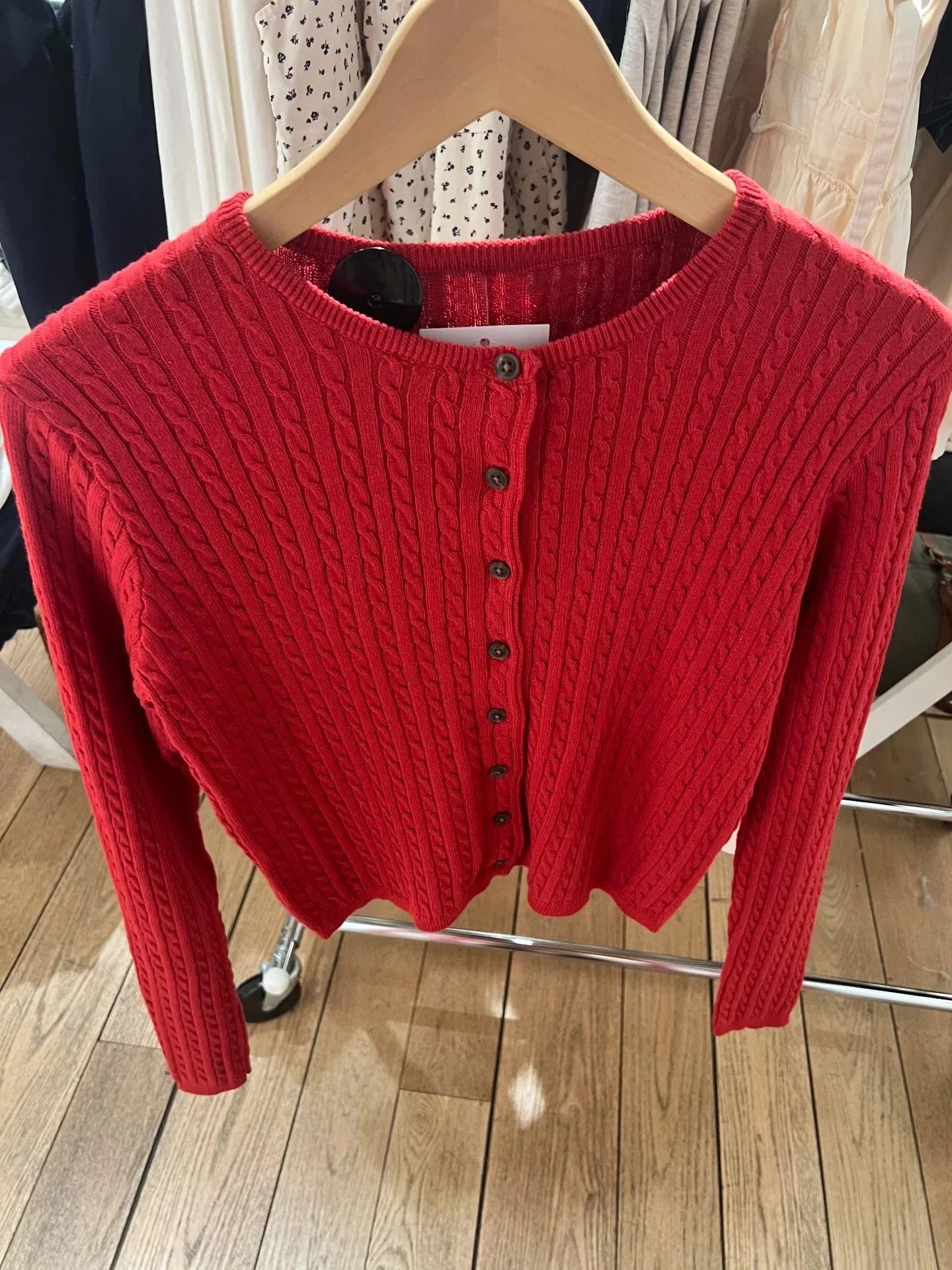 Red Twist flower Knitted Sweater Cardigan O-Neck Single Breasted Long Sleeve Slim Coat Vintage Streetwear Simple Crop Top Y2K