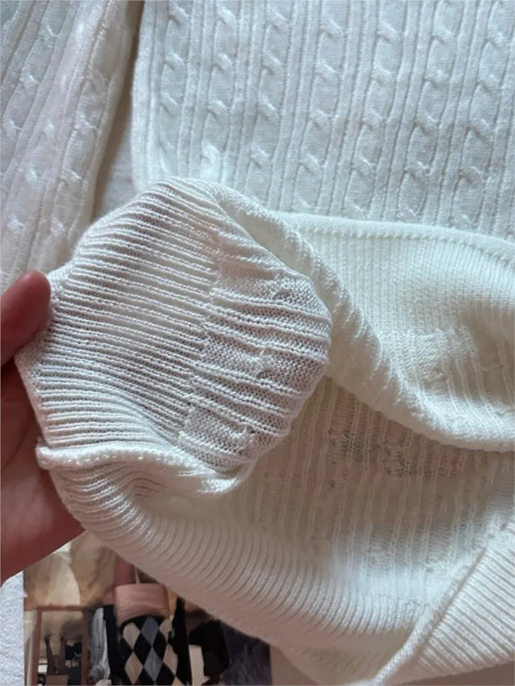 Twisted Flower Thin Knitted Sweater Women Spring Beige Raw Hem V-Neck Long Sleeve Jumpers Sweet Cute Preppy Style Sweater Top