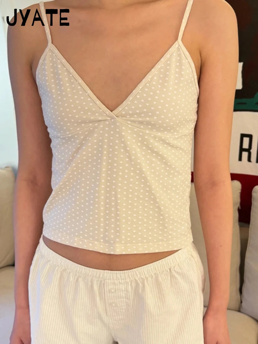 Sweet Blue V-neck Slim Tank Tops Women Summer New Cotton Sexy Heart Print Sleeveless Vests Preppy Streetwear Chic Camisole Y2K