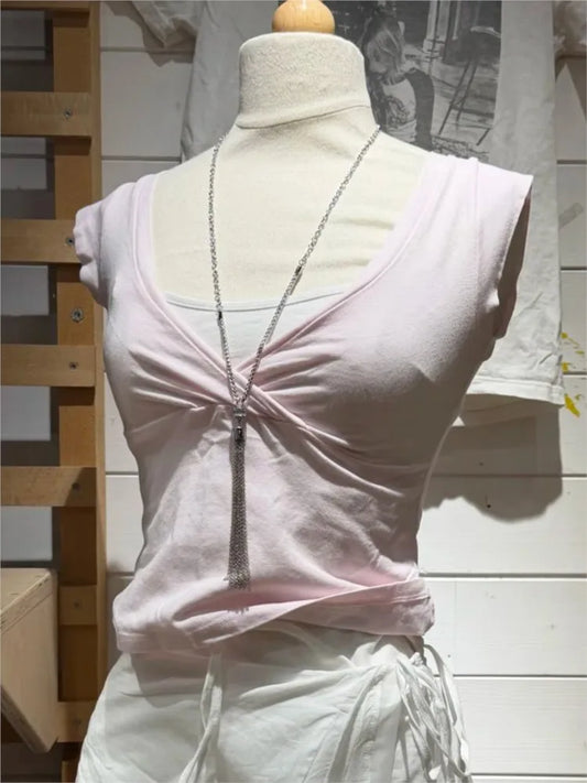 Pink V-neck Sleeveless T-shirts Women Summer Casual Fairy Style Slim Cotton Crop Tops Female Sweet Cute Streetwear Vests Y2K