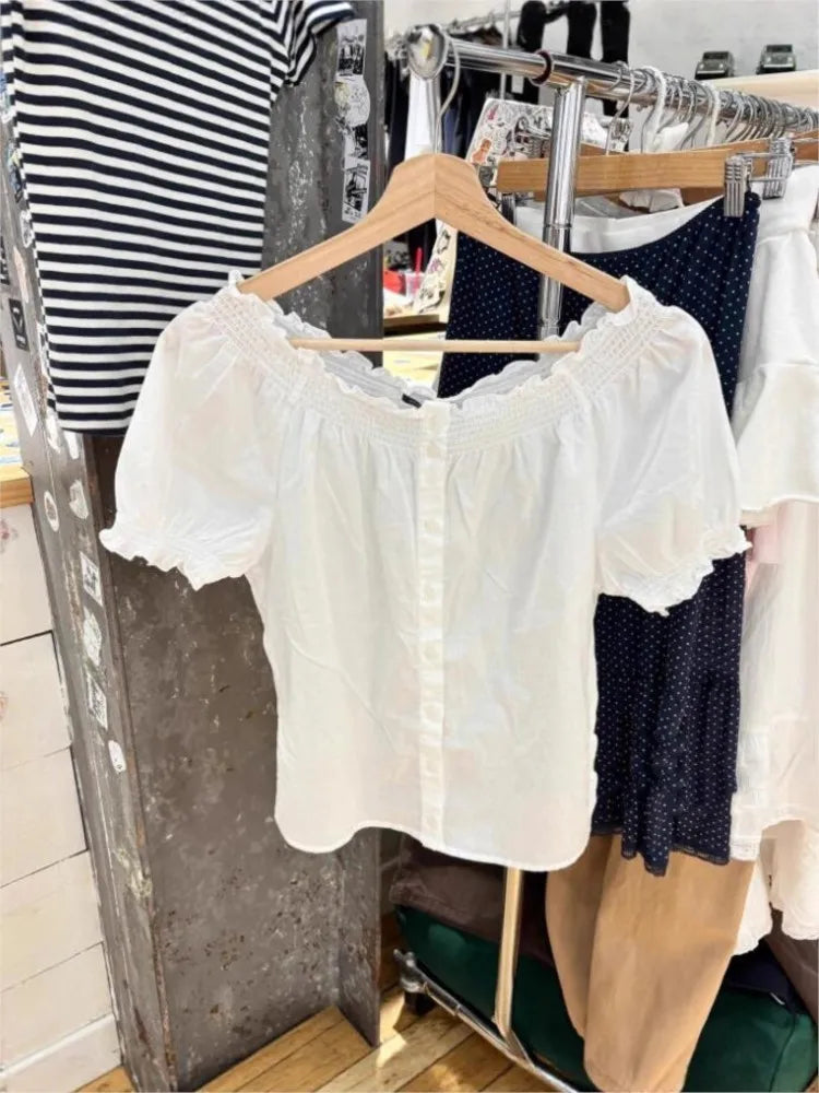 White Fungus Short Sleeve T-shirts Women Summer New Casual Streetwear Buttons Tees Female Elegant Sweet Cute Tshirt Y2K Tops