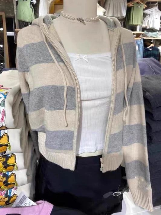 Striped Pockets Knitted Hooded Sweater Women Autumn Fashion Cotton Retro Crop Pullover Tops Vintage Chic Sweet Cardigan Jumper