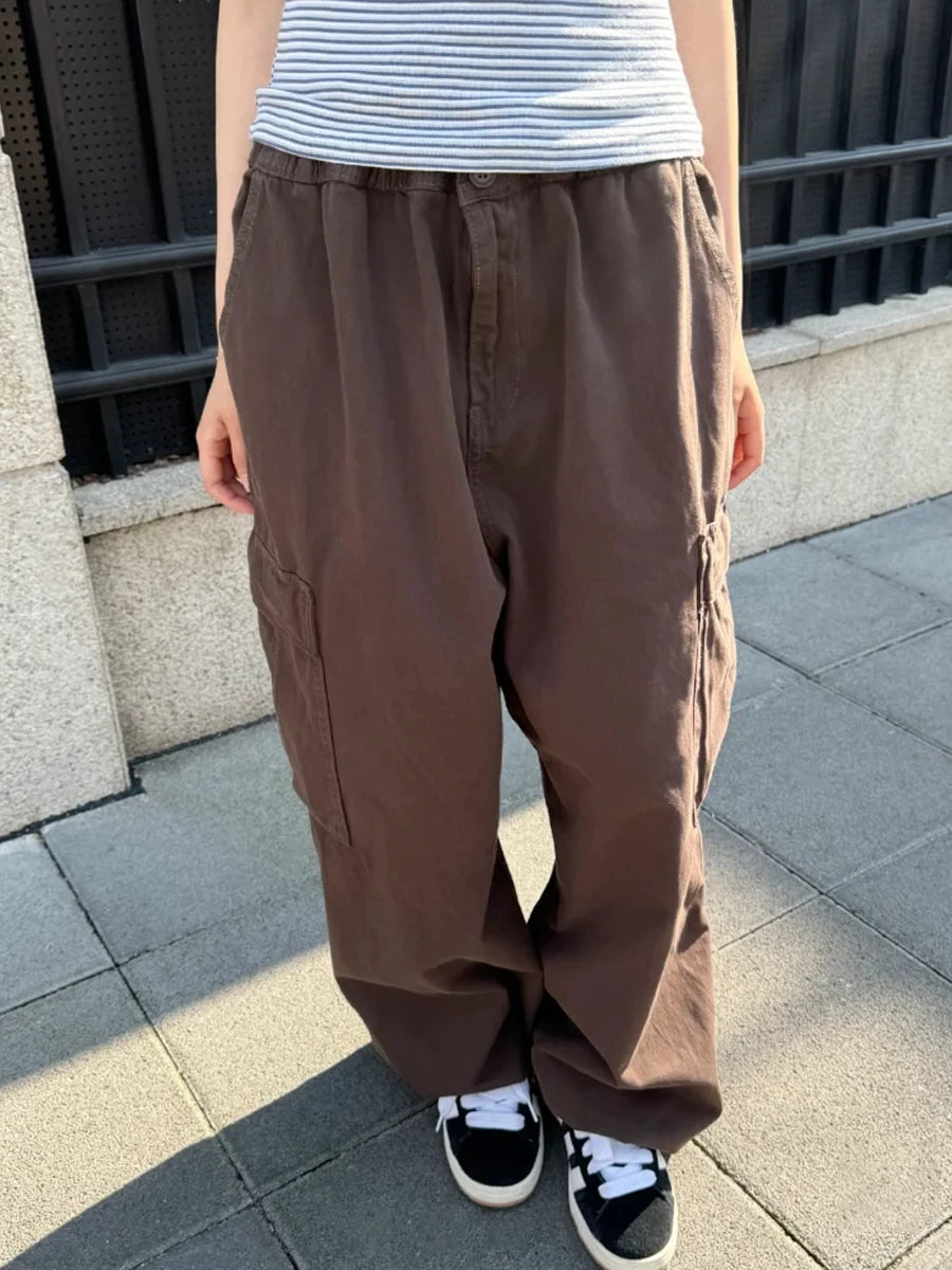 Navy BLue Pockets Loose Cargo Pants Women Spring Drawstring Hem Trousers Streetwear Straight Baggy Sweatpants Long Pant New Y2K