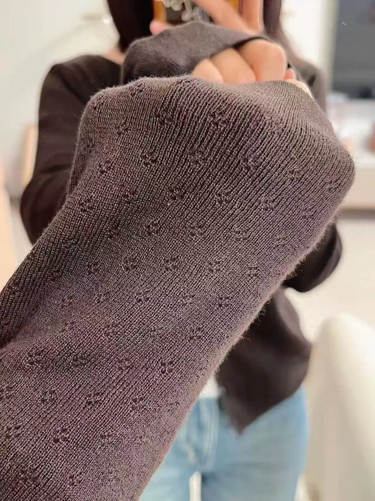 Brown Eyelet Knitted Cardigan Women Autumn New Casual Cotton Long Sleeve Sweater Coat Female Vintage Simple Basic Sweaters Tops